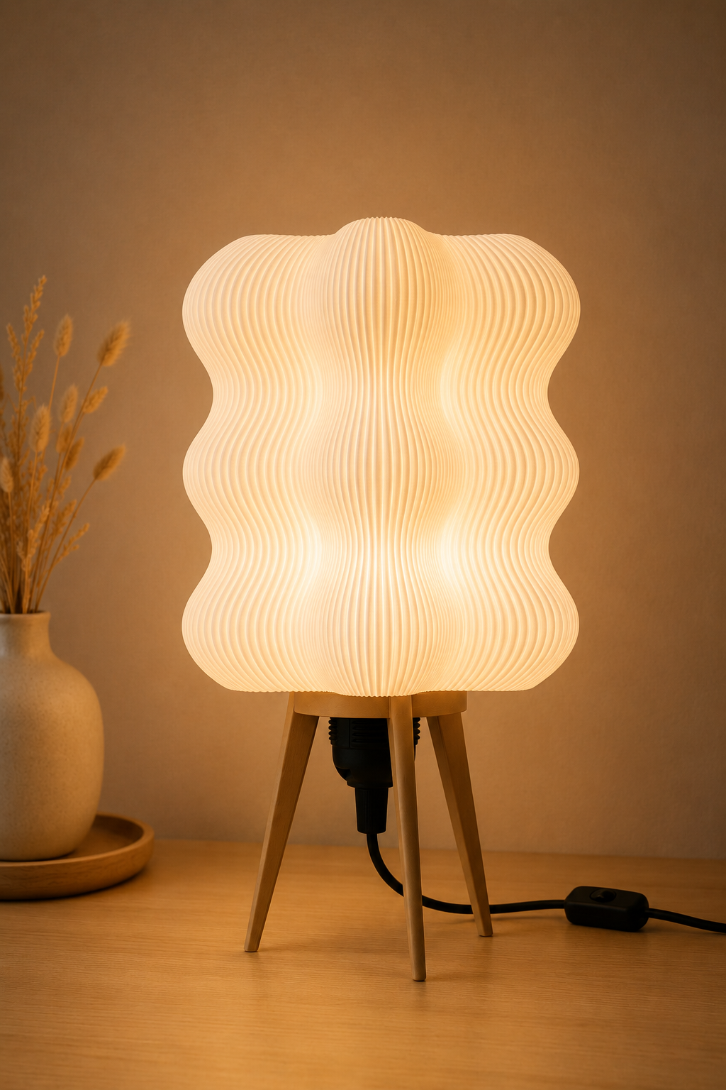 Candeeiro Wave Light aceso, luz difusa através do padrão ondulado do abajur
