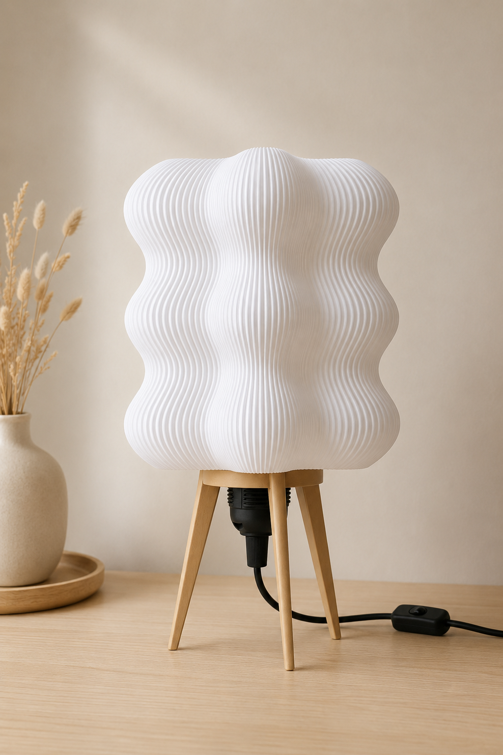 Candeeiro Wave Light impresso em 3D, desligado, vista frontal com padrão ondulado