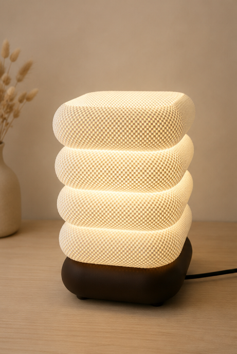 Candeeiro Tower Lamp, vista lateral mostrando a base e o abajur