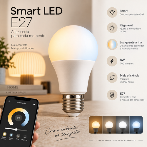 Lâmpada LED Smart E27 8W, compatível com os candeeiros Cantinho LimArt